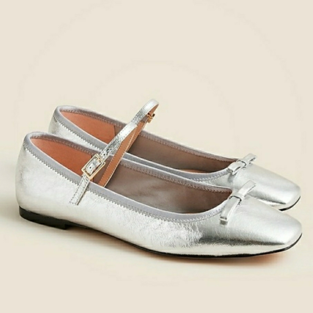 New In Box- J. Crew Metallic Leather Quinn Ballet With Mary Jane Strap And Bow